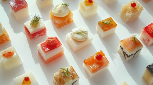 Abstract presentation of finger foods with geometric styling, pure white surroundings, [appetizers], [avant-garde cuisine]