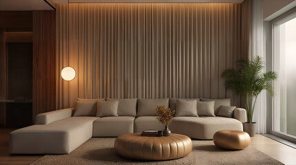 Chic and Elegant Modern Interior Featuring Tufted Tube Panel Walls with Minimalist Decor and Soft Lighting