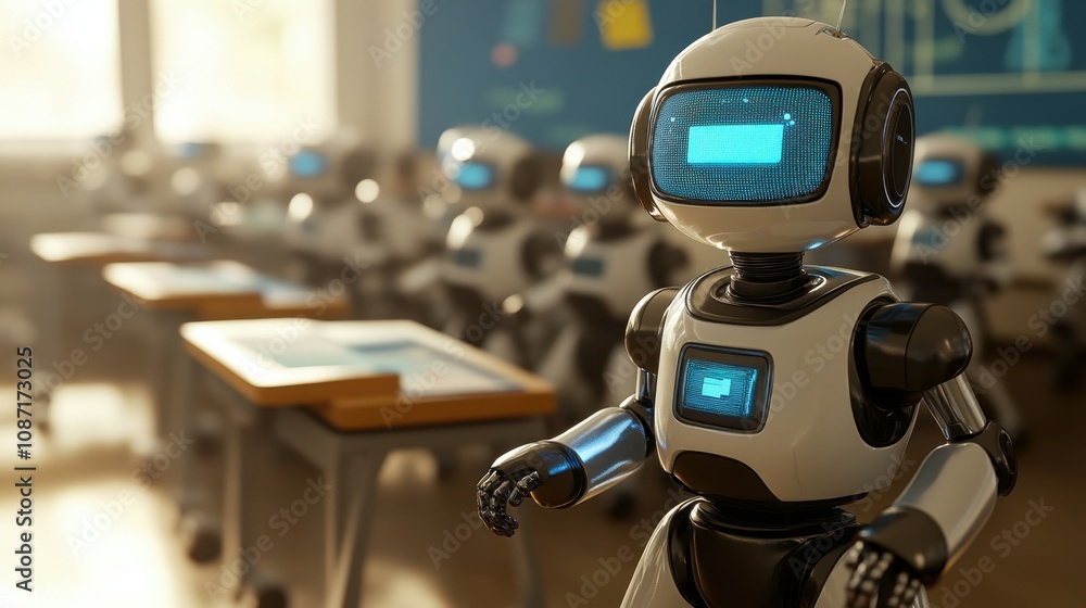 Poster advanced classroom with humanoid robots engaged in learning and education technology in a modern lea