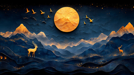 Mesmerizing 3D Modern Art Mural Wallpaper with Dark Blue and Golden Waves, Majestic Mountains, and Enchanting Golden Deer
