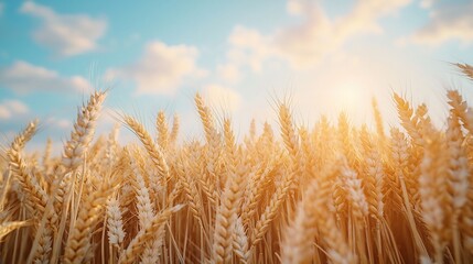 Fototapeta premium Natural Ripe Landscape, Ripened Wheat Field Swaying in Warm Golden Hour Lighting Against Bright Blue Sky