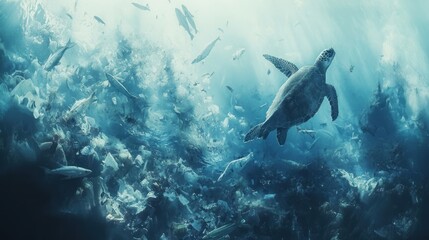 Fototapeta premium A Sea Turtle Swimming Through Plastic Pollution in the Ocean