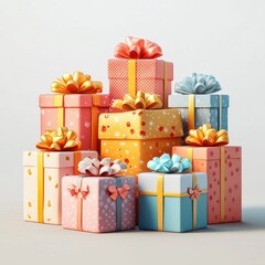 Obraz premium Gift Pile: A vibrant and festive collection of colorful gift boxes, each adorned with a unique ribbon and bow, creating a visual symphony of celebration and joy.