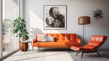 Mid Century Modern Living Room Orange Leather Sofa Lounge Chair  Floor Lamp