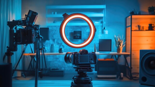 Modern Photography Setup Featuring a Camera, Tripod, Light Ring, and Stylish Studio Workspace in Cool Blue Lighting