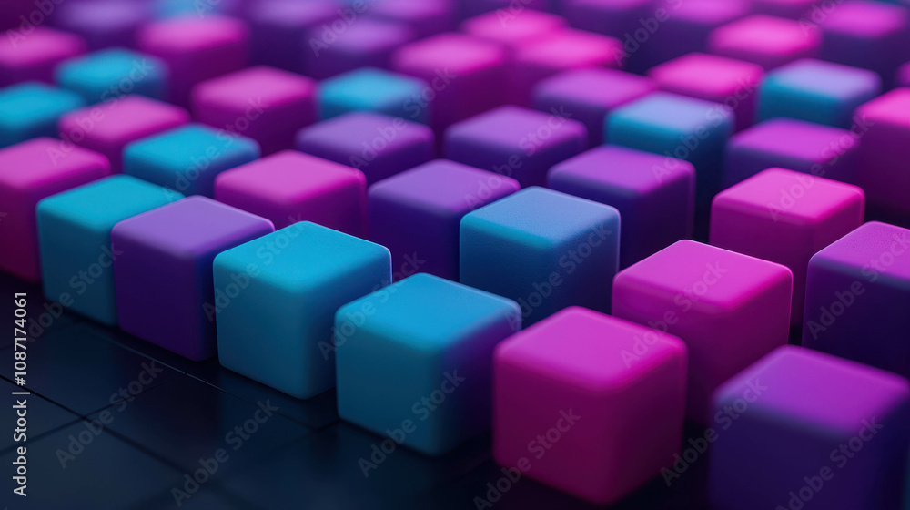 Poster colorful 3d blocks in shades of purple and blue arranged in a grid pattern, creating a modern visual