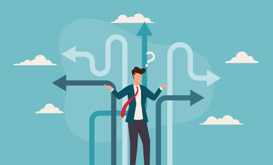 Businessman contemplating decisions, pondering multiple choices. Ideal for business concepts, decision making, uncertainty, career choices, and strategy visuals or presentations