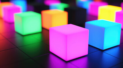 Obraz premium Colorful Abstract Illuminated Cubes on a Dark Background Creating a Vibrant Futuristic Atmosphere Ideal for Modern Design and Art Projects