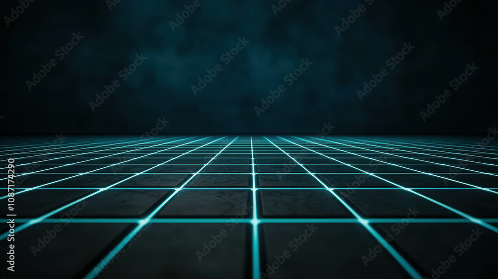 Poster futuristic grid with glowing blue lines on a dark background, perfect for technology and digital art