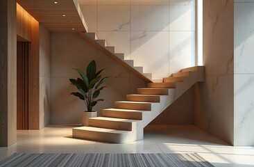 Fototapeta premium A designer wooden staircase leads to the second floor of a charming wooden house, demonstrating the natural beauty of the wood and the craftsmanship with which it was made