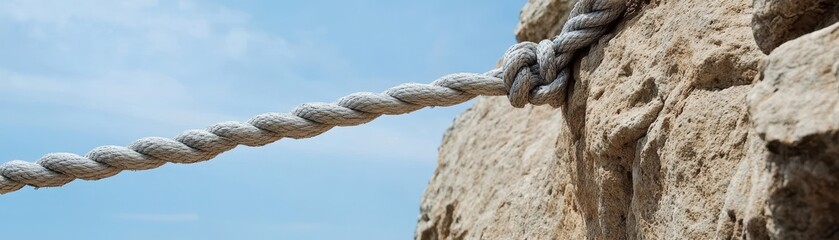 Fototapeta premium Rope tied securely to a rocky surface against a clear blue sky, symbolizing strength and stability.