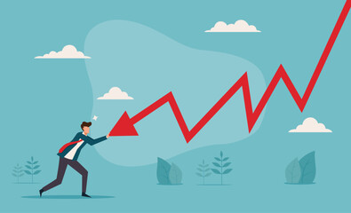 Businessman pushing falling down arrow with full effort. Survive investment crash, crisis or recession, pushing back or effort to win business challenge, economic recession