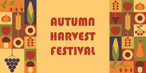 Fototapeta premium Autumn harvest festival. Holiday design. Template for banner, poster, background, greeting card with text inscription. Vector illustration