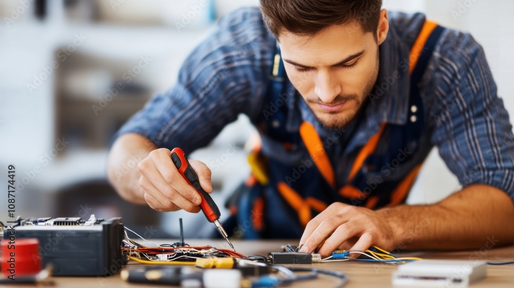 Poster skilled technician working intently on electrical components with tools and wires on table, focusing