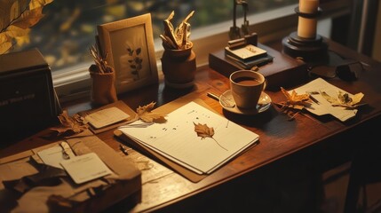 Naklejka premium Cozy Autumn Workspace with Warm Lighting, Coffee Cup, Sketchbook, and Natural Decorations for Creative Inspiration and Tranquil Mood