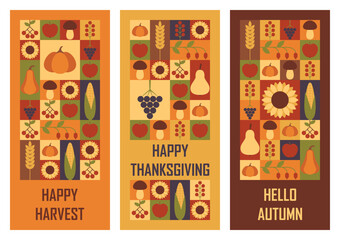 Set of festive vertical banners Happy Thanksgiving , Happy Harvest and Hello Autumn. Templates for greeting card or invitation in abstract modern geometric style. Vector illustration