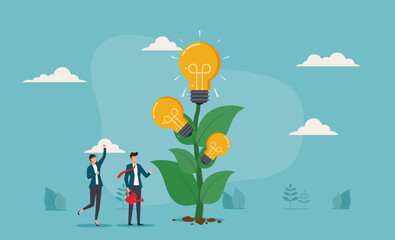 Businesspeople caring for a plant with lightbulb ideas. Ideal for illustrating innovation, teamwork, growth, and nurturing concepts in business