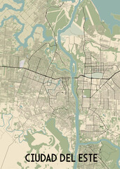 This is a detailed map of Ciudad del Este, a city in Paraguay. The map is rendered in a minimalist style with a beige background and black lines representing streets and waterways.