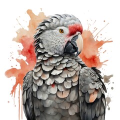 Obraz premium Watercolor illustration portrait of a cute adorable friendly african grey parrot tropical bird on isolated white background. 