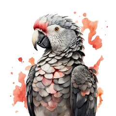 Fototapeta premium Watercolor illustration portrait of a cute adorable friendly african grey parrot tropical bird on isolated white background. 