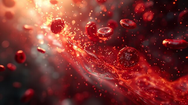 Microscopic Visualization of Blood Cells in Motion: A dramatic 3D rendering showcasing red blood cells and platelets flowing dynamically through an artery