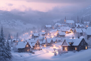  Snowy Winter Landscape with Illuminated Cabin Under the Night Sky