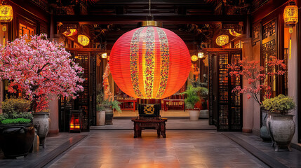 vibrant red lantern illuminates traditional Asian courtyard, surrounded by blooming cherry blossom trees and decorative plants, creating serene atmosphere