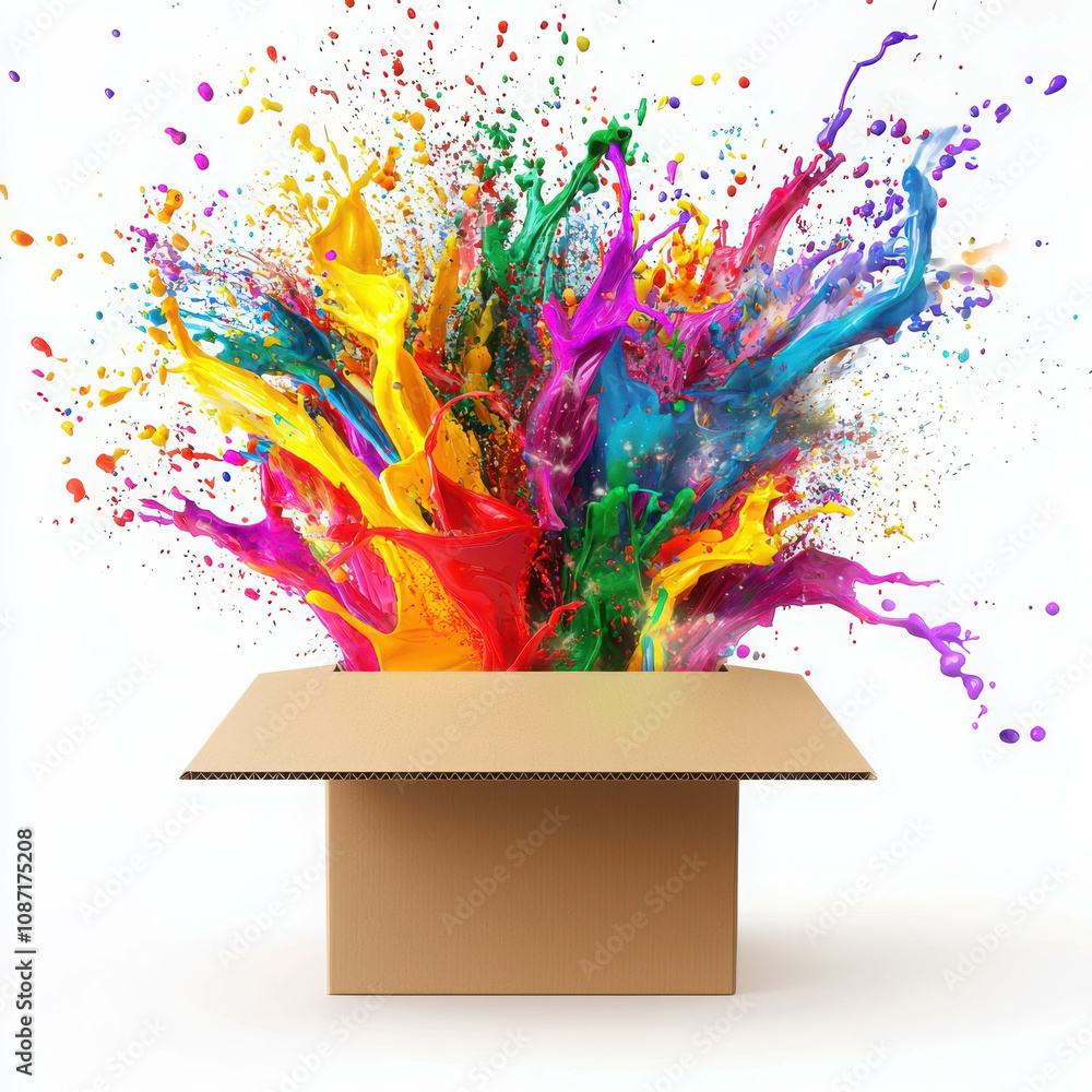 Poster colorful explosion of paint bursting out of an open cardboard box symbolizing unleashed creativity a