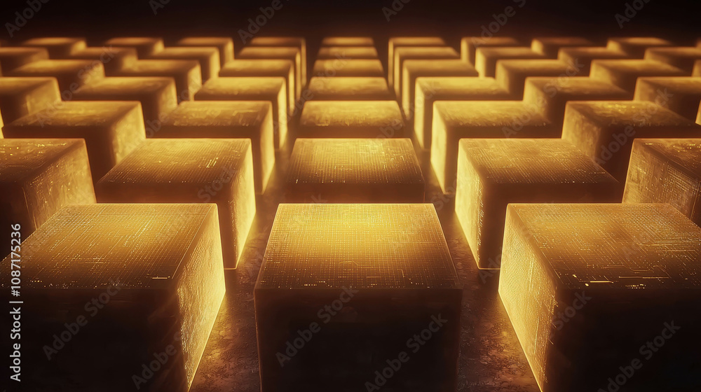 Poster abstract representation of illuminated cubes in a grid formation showcasing modern technology and de