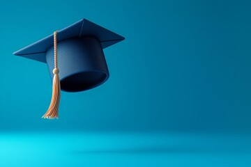 Floating mortarboard against a vibrant blue backdrop, symbolizing academic achievement and celebration of graduation.
