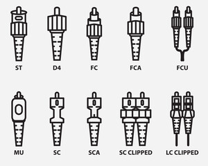 type of fiber optic cable connector outline icon collection isolated on background.network cable connector symbol