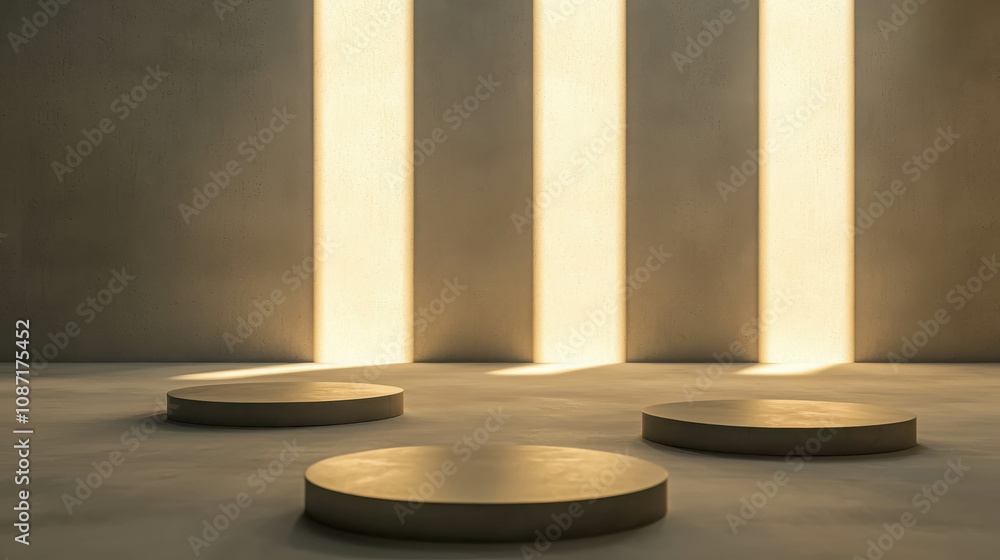 Poster minimalistic interior space with three circular platforms and dramatic light beams creating an elega