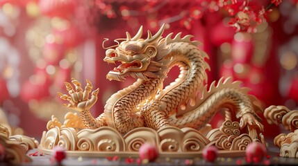 Fototapeta premium Golden Dragon Lunar New Year 3D Display: A majestic golden dragon takes center stage on an elegant podium, bathed in the rich red and gold hues of a vibrant Lunar New Year celebration