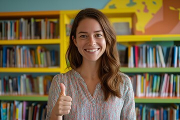 Smiling teacher in classroom library promoting education and positivity for school campaigns and teaching resources