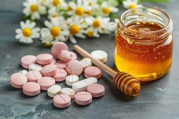 Herbal remedies with honey and vitamin C boost immunity. Medicinal herbs with honey and pills