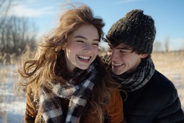 Obraz premium Teenage Couple's Joyful Winter Fun A Snowy Field Tag Game Capturing Youthful Laughter, Romance, and Winter Wonderland Moments This image showcases a teen couple playing tag in a snow-covered field