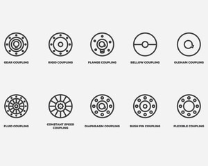 type of automotive gear coupling outline icon collection.car gear spare part pictogram vector illustration isolated on background