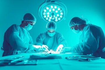 Surgeons performing precise medical procedure under sterile operating room environment for healthcare in hospitals and clinics