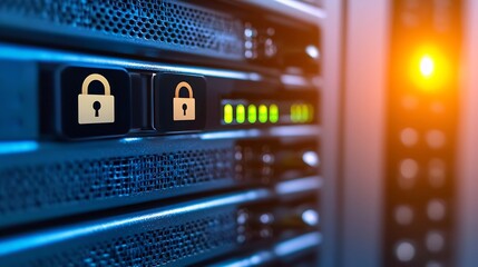 Secure Data Center Server Racks with Lock Icon Overlay and Golden Hour Lighting