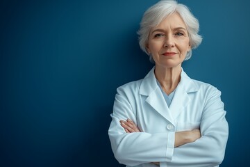 Confident elderly female doctor in lab coat posing against blue background for healthcare and medical professionalism concept