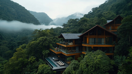 Fototapeta premium Modern luxury house with large windows and outdoor pool nestled in lush green forest on a foggy mountain landscape.