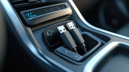 Naklejka premium Close-up of USB Ports and Cables in Modern Car Console with High-Tech Interface, Showcasing Connectivity Features and Sleek Automotive Design Elements