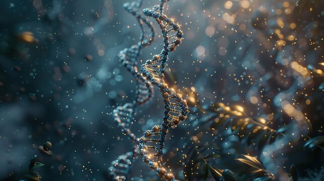A mesmerizing illustration depicting a DNA helix intricately interwoven with cellular structures and genetic sequences, all set against a captivating background