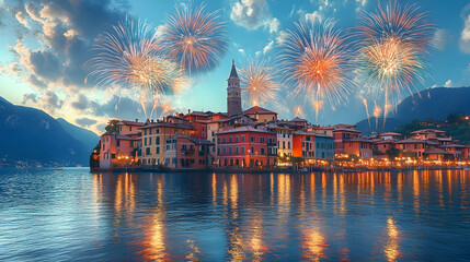 Obraz premium Colorful village with fireworks reflecting on calm lake water at sunset.