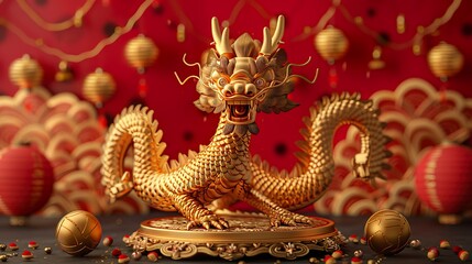 Fototapeta premium Majestic Golden Dragon on Festive 3D Podium: Lunar New Year Celebration Image Perfect for Holiday Greetings, Chinese New Year Promotions, and Festive Designs