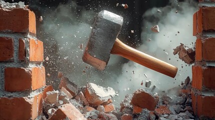 Sledgehammer Shattering Brick Wall, symbolizing demolition, forceful breakthrough, raw power, destruction in action, dynamic energy