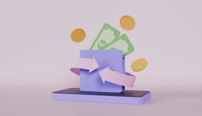 Cashback and money refund, Wallet, dollar bill and coin stack, online payment on pastel color background