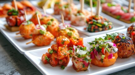 Assorted exotic appetizers with vivid ingredients, vibrant accents on a white minimalist plate, [appetizers], [global fusion] 