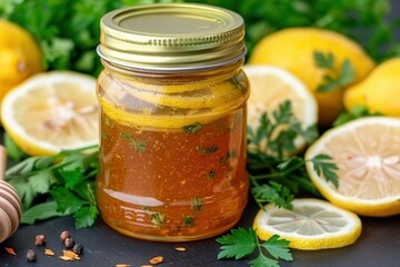 Herbal remedies with honey and vitamin C boost immunity. Homemade lemon herb dressing in a jar