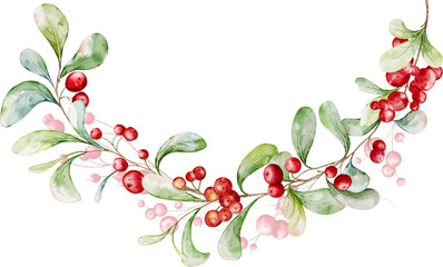 Christmas watercolor bouquet arranged with berries and leaves